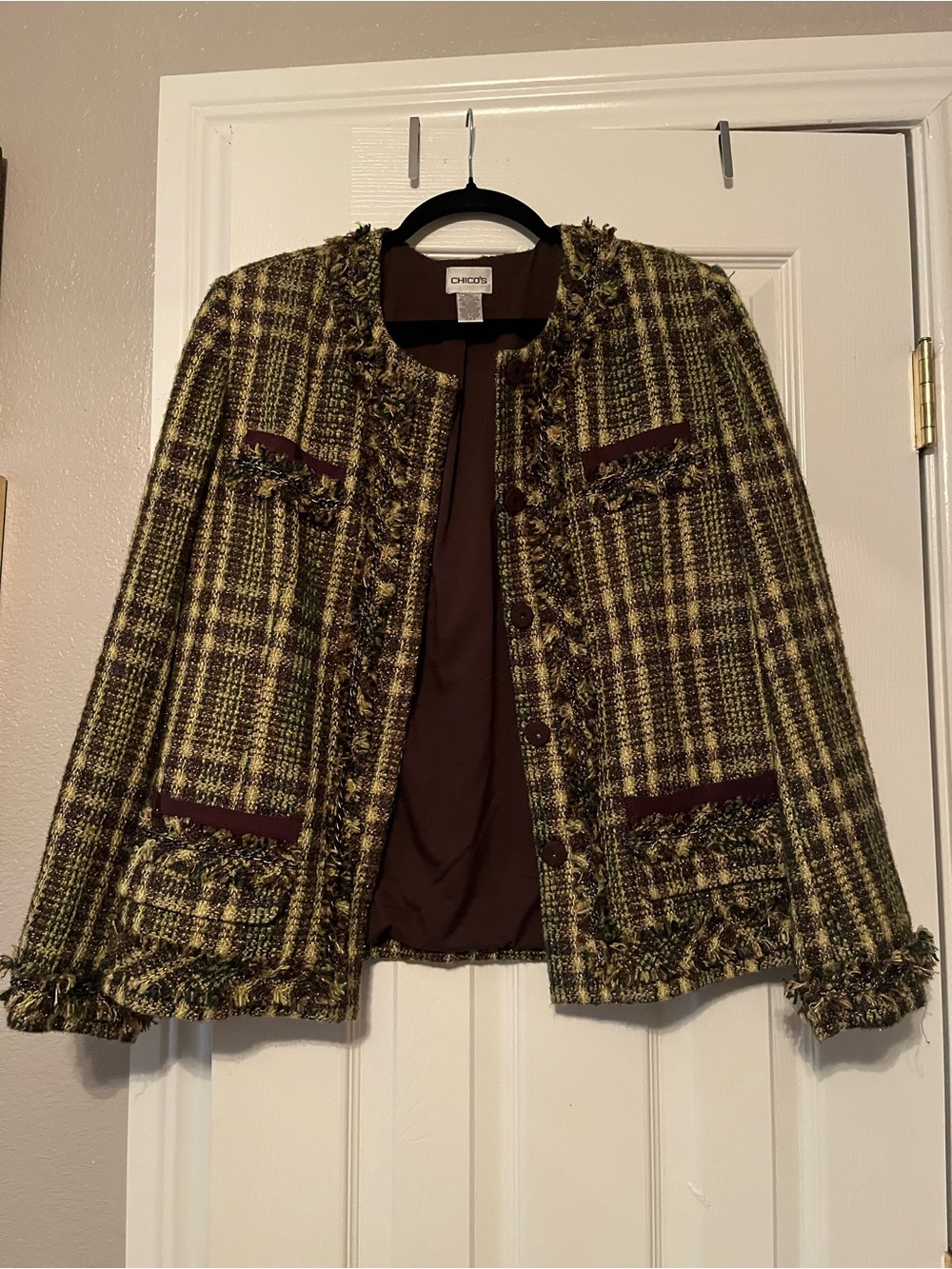 Chico's Olive & Purple Tweed Fringe-Trim Blazer